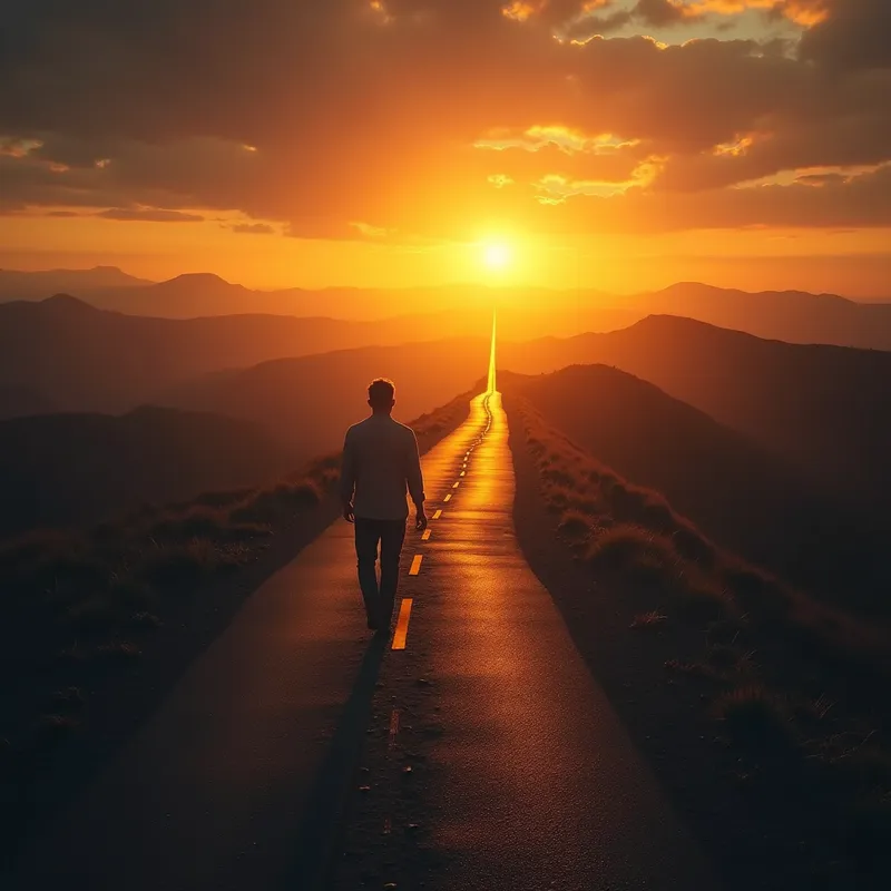 Temptations off the Path - A dramatic sunset scene featuring a man ascending and descending a narrow road that leads far into the horizon, ending at a warm golden radiance. Along his journey, other wider roads veer off, shrouded in shadows, symbolizing false choices, while the man remains focused on his illuminated journey. - AI image generated with Photorealistic 2