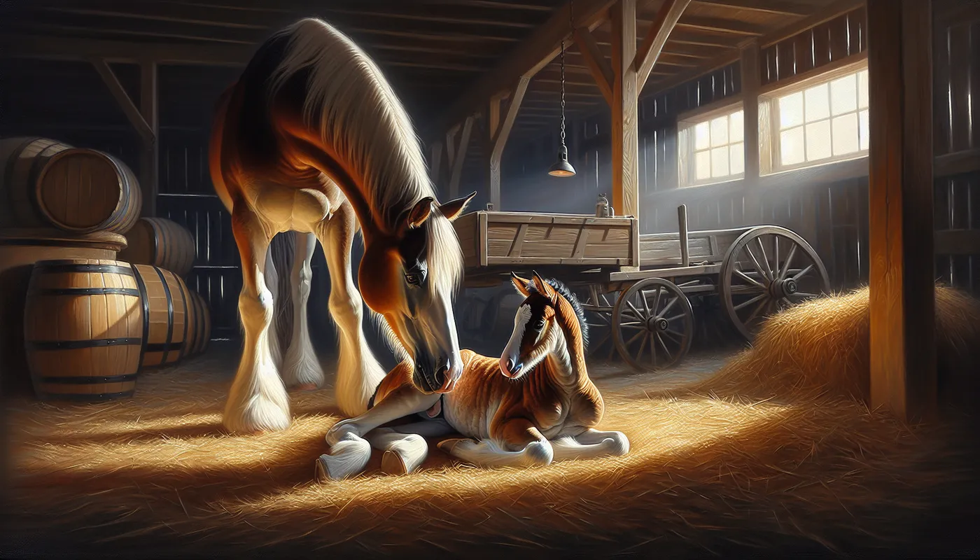 Tender Bond - An intricate oil painting of a newborn Clydesdale colt in a barn laying in a bed of straw as her majestic mother bends her head to investigate, showcasing the tender bond between them. Daylight illuminates the newborn colt and her mother - AI image generated with Art - Amedeo Modigliani, panoramic view, high resolution digital art style
