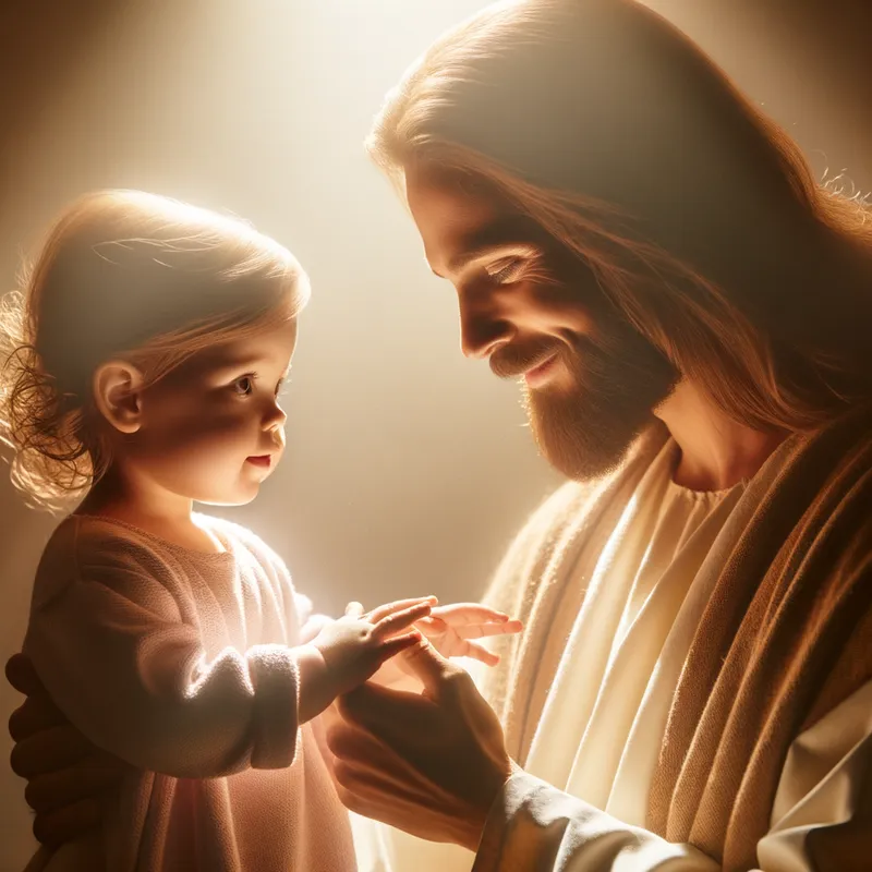 Tender Embrace - Jesus tenderly embracing a little girl, set against a serene backdrop with soft light highlighting their faces. - AI image generated with Art