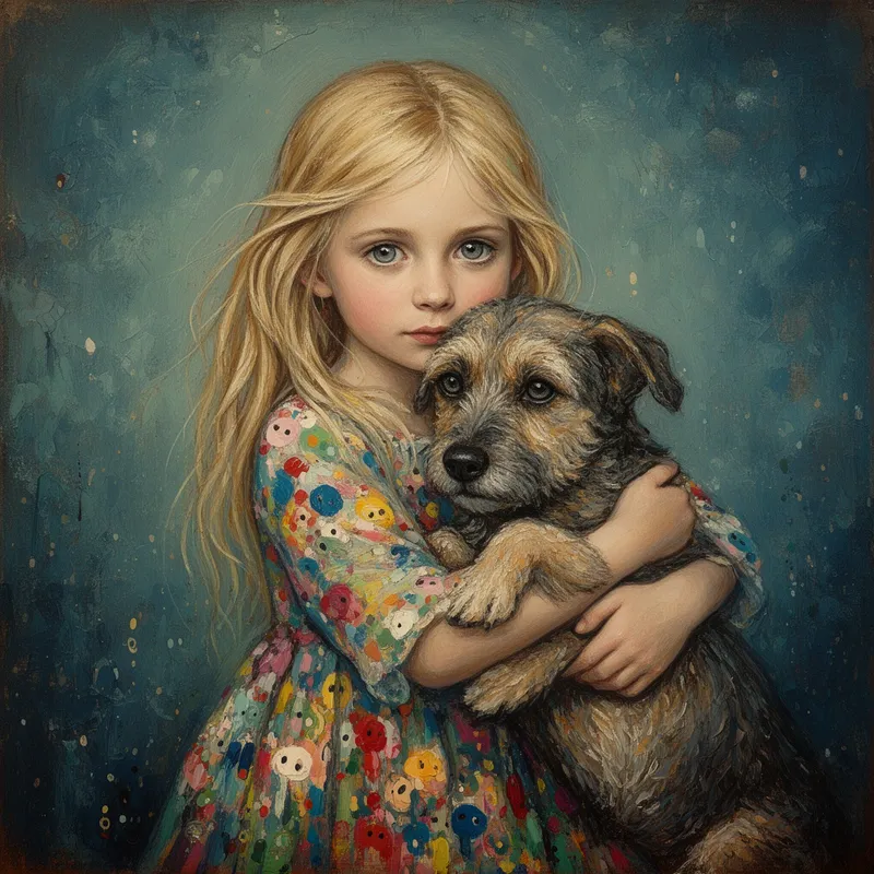 Tender Grey Eyes - A fantasy-inspired acrylic fine art portrait of a blonde-haired girl with captivating storm-grey eyes embracing a dog in a gentle, innocent pose. Soft lighting enhances her vibrant abstract dress filled with playful paint splashes, while the dog is rendered with thick textured brushwork and detailed painterly fur. The composition is framed by moody blue-green textures, infused with folk-art warmth, expressive emotion, a slightly vintage feel, and a dreamy handcrafted surreal quality. - AI image generated with Flux 2