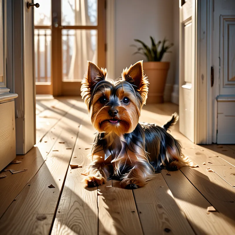 Terrier Between Dream and Dawn - A small Yorkshire Terrier suspended between dream and waking, lying on a splintered wooden floor that blurs at the edges as if memory is erasing it. The room is half‑formed: walls dissolve into soft gradients, corners fold inward like paper, and the door behind the dog flickers between solid wood and translucent outline. Morning light enters as a hazy beam, bending unnaturally, illuminating drifting dust that moves like thought instead of air. The dog’s fur glows faintly, colors bleeding outward in painterly smears. In the corner, a cat appears only partially real — its silhouette crisp, but its edges trailing off into abstract strokes, eyes bright and reflective like small moons. The atmosphere feels weightless, rules loosening, reality thinning. Style: surreal painterly abstraction, soft distortions, dream logic, muted palette with luminous highlights. Mood: fragile awakening, lingering unreality, the echo of a place that almost kept him. - AI image generated with Fictional