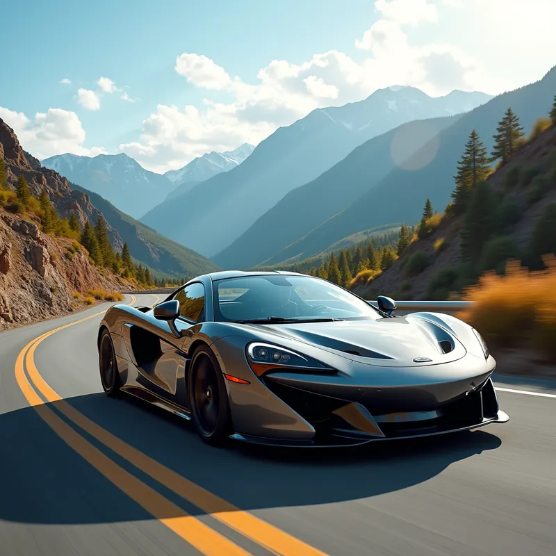 Test Drive Adventure - A dynamic image of a sleek sports car speeding along a winding mountain road during a test drive, with beautiful scenery in the background. - AI image generated with Photorealistic 2