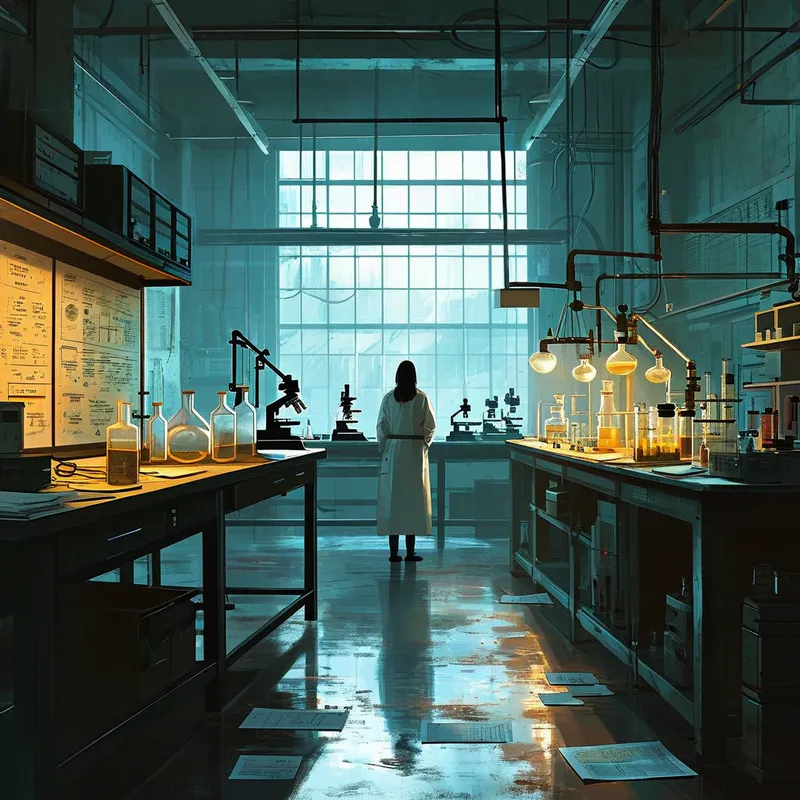 Test Subject Zero - A mysterious and atmospheric scene featuring a lone figure in a science lab, surrounded by charts and specimens, hinting at the beginning of a groundbreaking experiment. - AI image generated with Nova Canvas