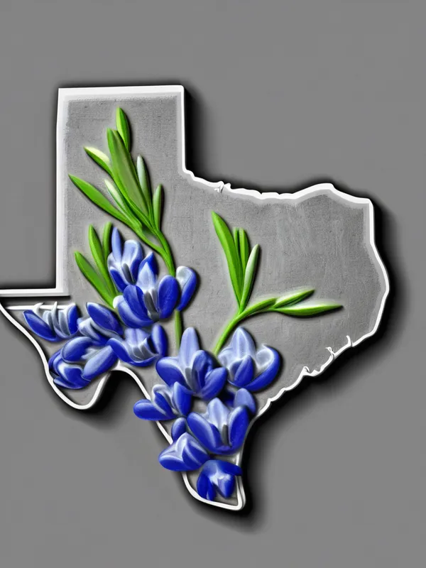 Texas 3D Relief with Bluebonnets - grayscale 3D deep relief Texas state shape with bluebonnets inside - AI image generated with Photorealistic