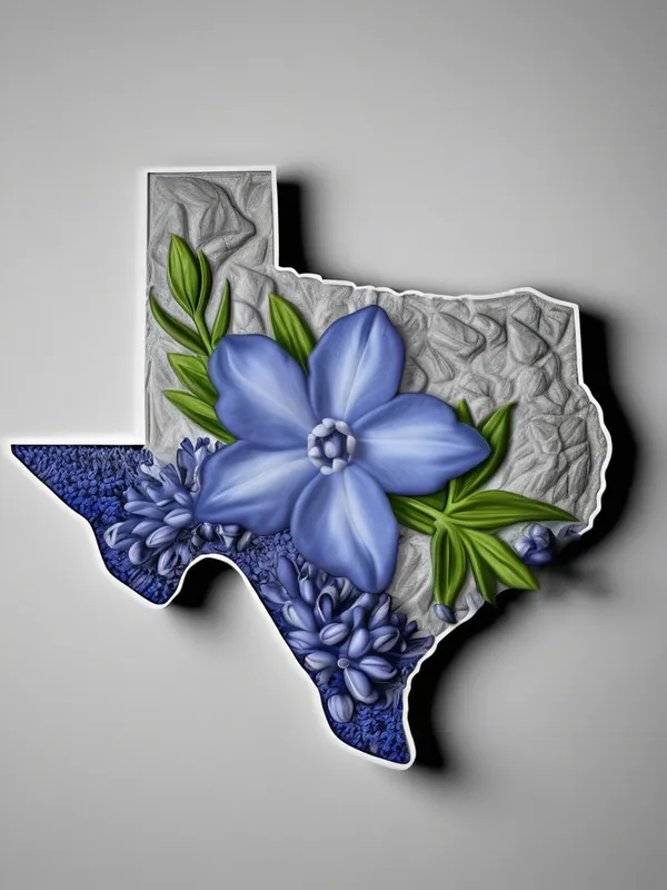 Texas 3D Relief with Bluebonnets - grayscale 3D deep relief Texas state shape with bluebonnets inside - AI image generated with Photorealistic