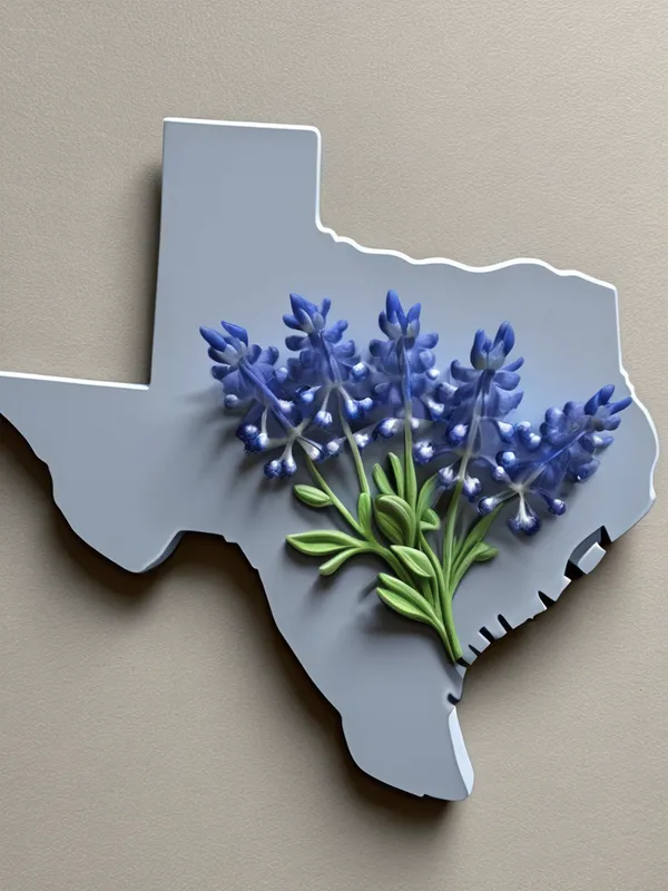 Texas 3D Relief with Bluebonnets - grayscale 3D deep relief Texas state shape with bluebonnets inside - AI image generated with Photorealistic