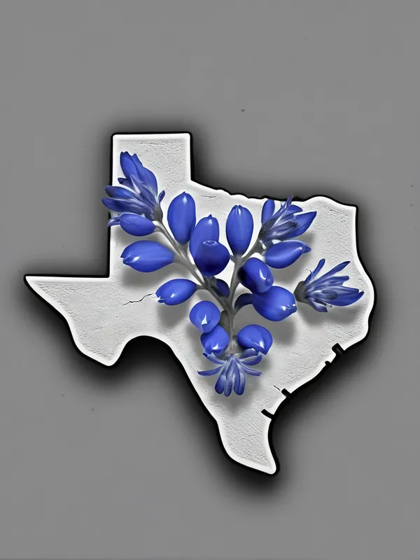 Texas 3D Relief with Bluebonnets - grayscale 3D deep relief Texas state shape with bluebonnets inside - AI image generated with Photorealistic