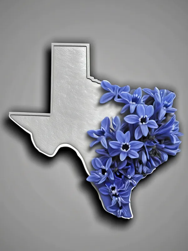 Texas 3D Relief with Bluebonnets - grayscale 3D deep relief Texas state shape with bluebonnets inside - AI image generated with Photorealistic