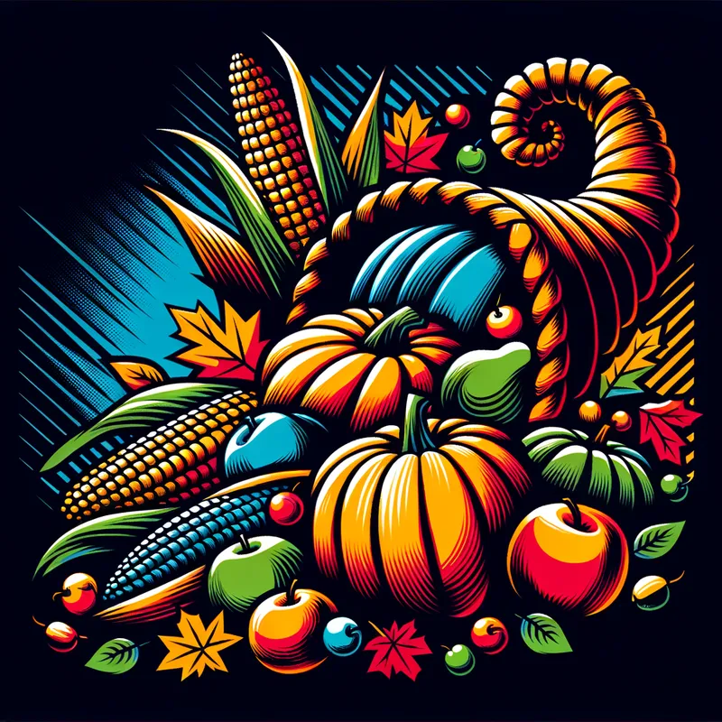 Thanksgiving Cornucopia in Pop Art - A bold and colorful pop art representation of a Thanksgiving cornucopia overflowing with autumn produce like pumpkins, corn, apples, and gourds. The image is stylized with graphic lines and vivid colors, creating a fresh and playful take on the traditional symbol of abundance and gratitude. - AI image generated with Art