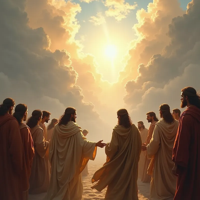 The Ascension Witnessed - A sacred biblical image of the disciples witnessing Jesus ascend into Heaven, luminous clouds opening above, gentle wind moving garments, emotional and reverent mood, detailed historical robes, painterly yet realistic style, dramatic sky - AI image generated with Photorealistic 2
