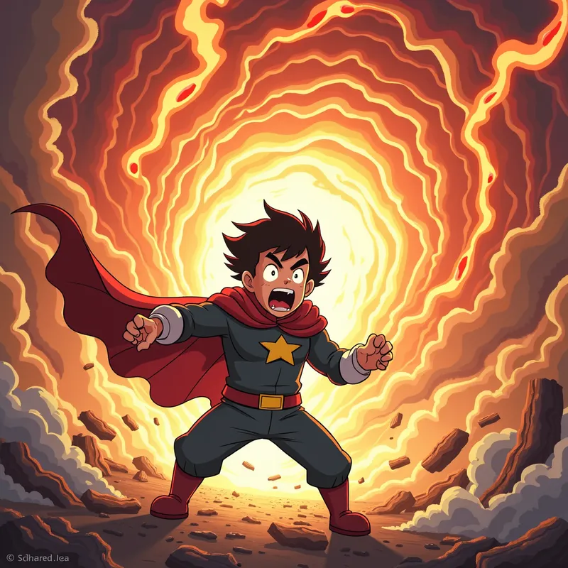 The Bacon Tempest - An anime-inspired illustration of a hero battling a chaotic bacon tornado, their eyes gleaming with resolve, and their mouth open in a fierce battle cry. - AI image generated with Photorealistic 2