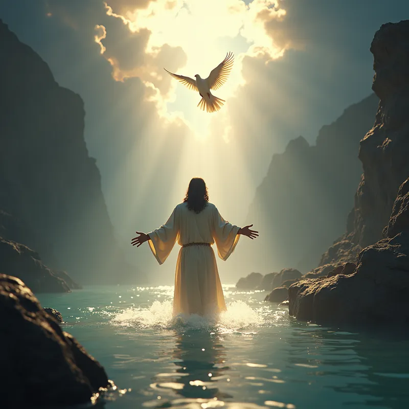 The Baptism of Christ - A tranquil depiction of Jesus as he rises from the baptismal waters, the heavens parting above, and the Spirit of God descending gracefully as a dove, bathed in divine light. - AI image generated with Photorealistic 2