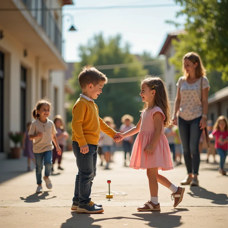 The Beginning of Friendship - A heartwarming scene of a little boy and girl meeting on a bustling school playground during recess. They are tentatively extending hands to each other, with children skipping rope nearby and a teacher watching fondly from the background. - AI image generated with Photorealistic 2