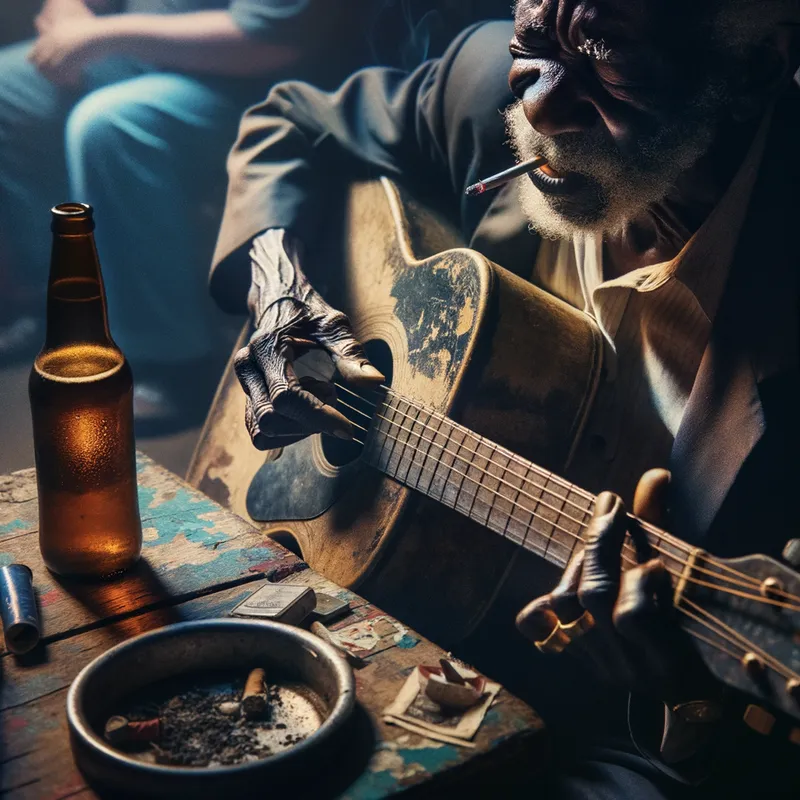 The Blues Lament - juke joy, guitar, cigarettes, beer, old black man, the blues crying - AI image generated with Art