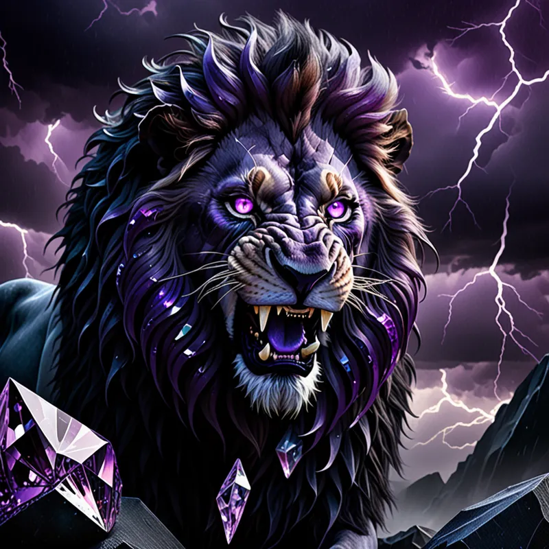 The Cursed Crystal Mane - A dark and evil lion with a mane of fractured crystals in black and deep violet tones, glowing eyes, sharp teeth, and a terrifying presence, set against a stormy and mystical background with rich detail and fantasy realism. - AI image generated with Fictional