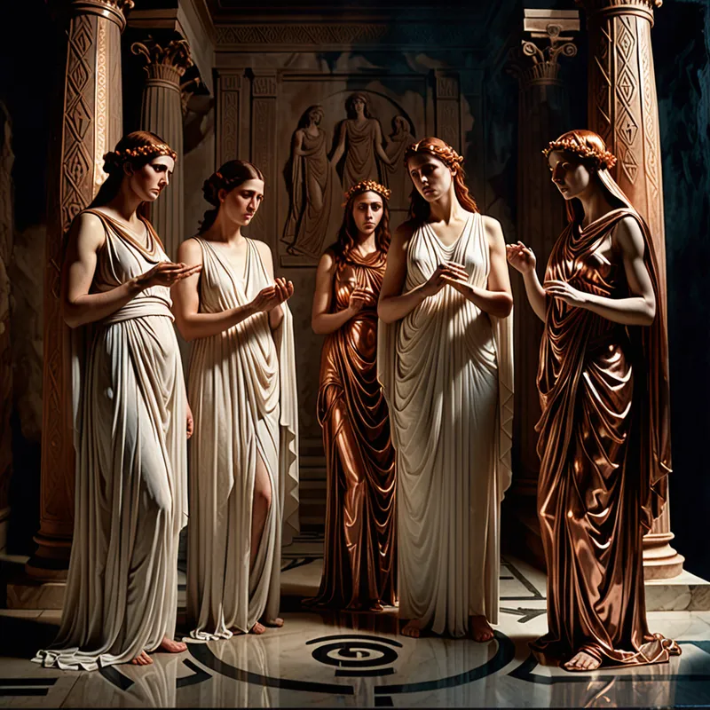 The Cut of Life - The three Greek Fates standing together in a haunting temple interior, one young, one mature, one elderly, symbolizing the stages of fate, with luminous threads winding through their hands and one preparing to sever a life strand, moody lighting, mythic realism, elegant and powerful composition - AI image generated with Fictional - copper relief