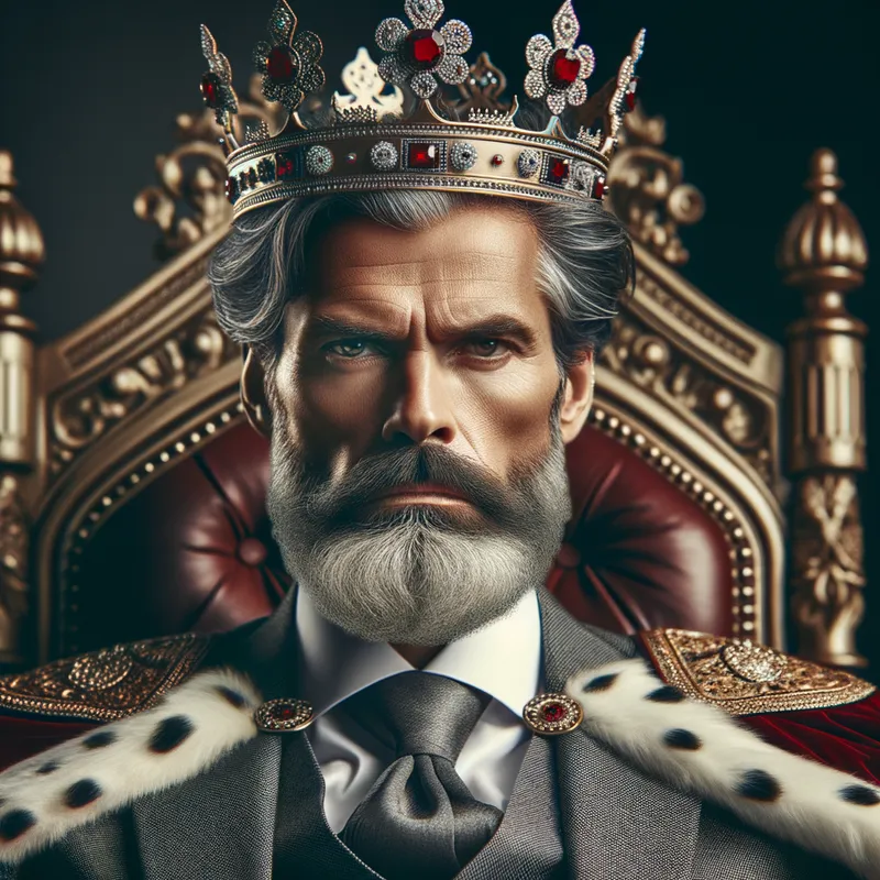 The Defiant Monarch - A mature, fifty-year-old king with a crown encrusted with jewels and a carefully groomed beard. He sits on a grand throne, his facial expression tough and resolute, symbolizing his commanding presence and the gravity of his rule. - AI image generated with Art