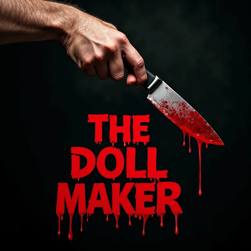 The Doll Maker Cover 2 - A terrifying close-up of a man's hand gripping a bloody knife. The dark, black background intensifies the horror, with the title 'The Doll Maker' written in blood-red letters, dripping as if freshly painted. - AI image generated with Text