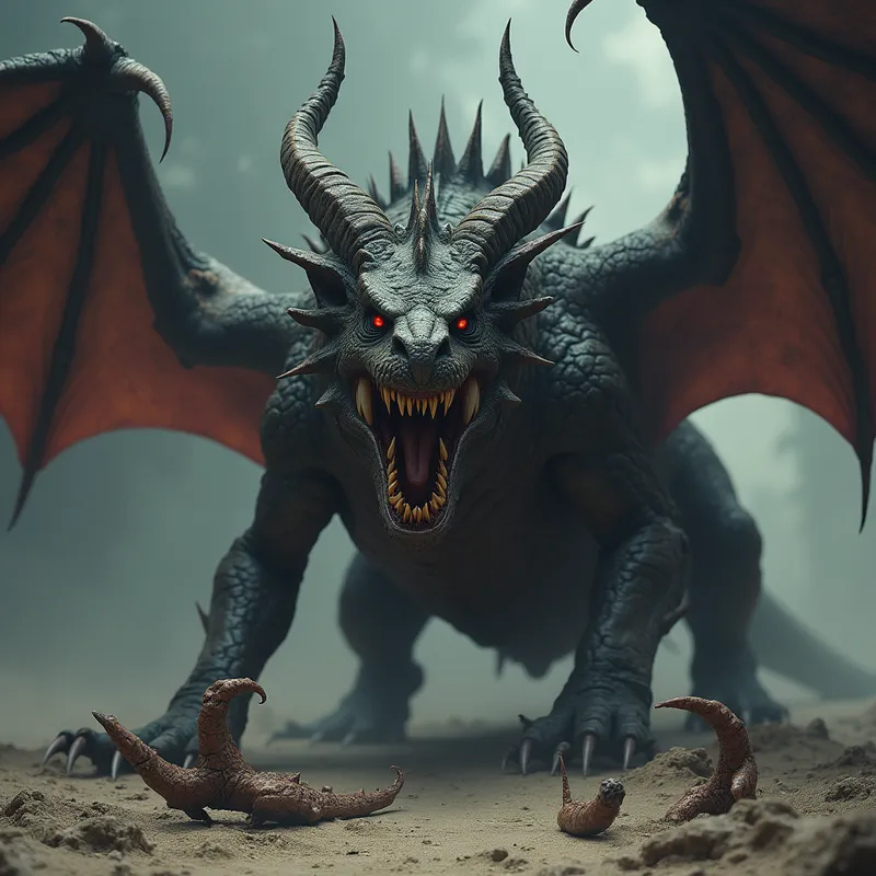 The Eight-Horned Terror - A fearsome wingless dragon with a savage snarl and huge iron teeth dominates the scene. Eight horns crown its head, one smaller than the others and marked by a small face. Three broken horns lie at its feet as if torn away in battle. Dark fantasy illustration, powerful composition, cinematic and highly textured. - AI image generated with Photorealistic 2