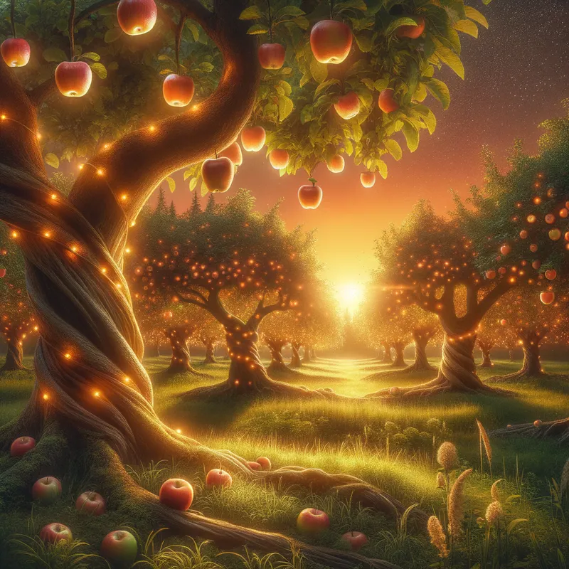 The Enchanted Orchard - A magical orchard filled with glowing apples hanging from ancient trees, with a radiant sunset in the background. - AI image generated with Art