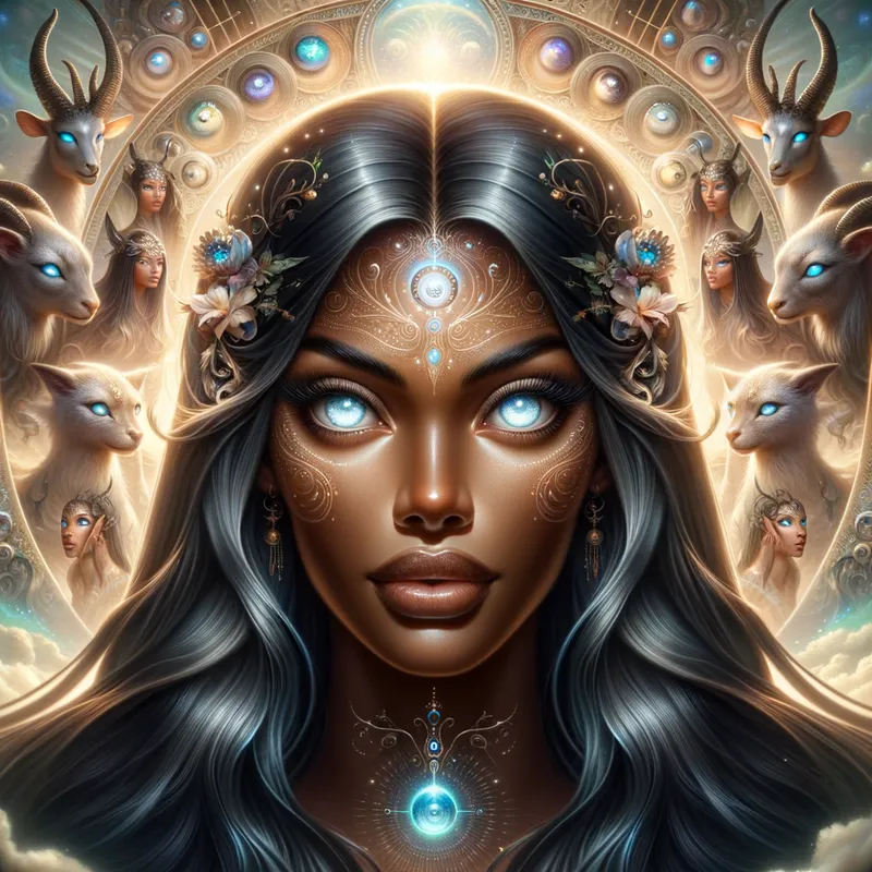 The Enchanted Queen - A portrait of an ancient queen surrounded by mystical creatures, showcasing her long black hair, luminous light blue-white eyes, and tanned skin, embodying the essence of enchantment and power in her realm. - AI image generated with Art