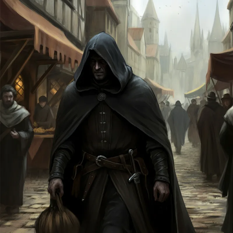 The Enigmatic Stranger - Amidst a bustling medieval marketplace, a cloaked figure moves silently, their face obscured, evoking a sense of intrigue and secrecy. - AI image generated with Imagen 3
