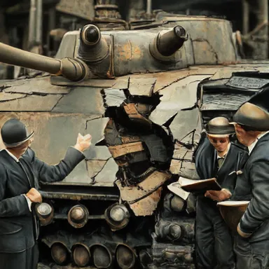 The Examination of Tank Damage - A detailed scene of 1919 engineers clad in three-piece suits and pocket watches scrutinizing the twisted steel wreckage of a tank. One engineer gestures towards a cracked rivet with a gloved hand as another documents the damage in a leather-bound notebook. The damaged tank shows poor construction with rusted seams and uneven supports.