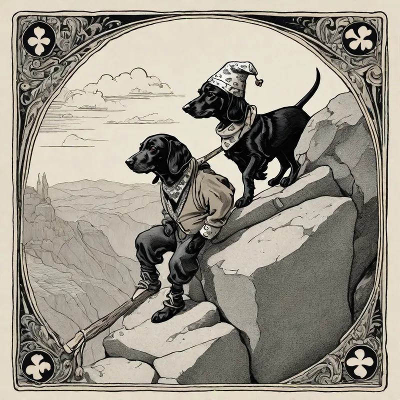 The Fool's Carefree Venture - The tarot card 0 "The Fool"
A jester about to walk off of a rocky ledge, but he doesn't notice his peril. He is carrying a bandana tied on the end of a stick over his shoulder. His expression is carefree and adventurous, his trusty black with white patched dachshund pup is excitedly running along beside him - AI image generated with Fictional - sketching, point-of-view