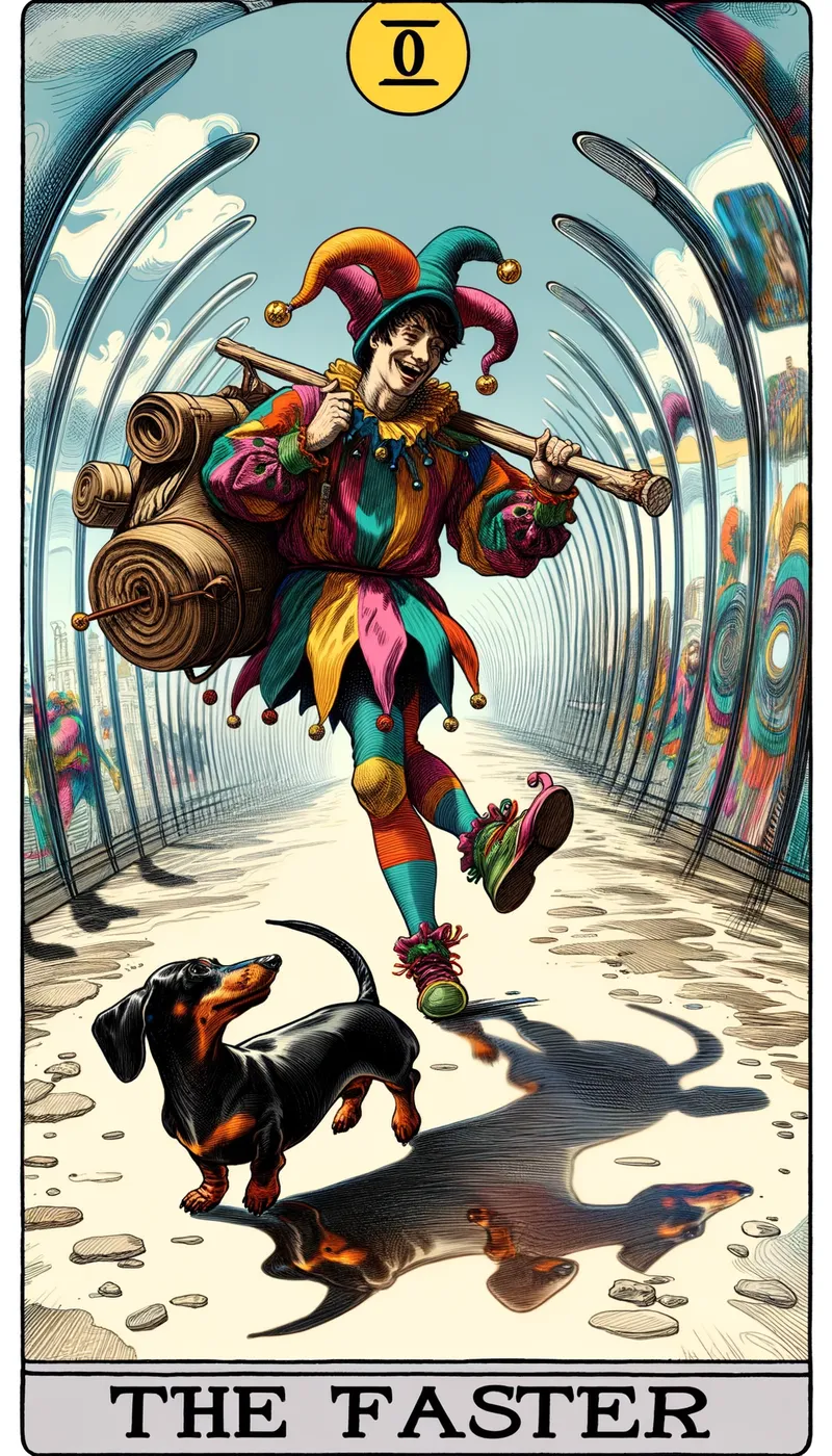 The Fool's Joyful Journey - a jester walks down a dust road with his trusty dachshund pup running along beside him and a knapsack on his shoulder looking as if he didnt have a care in the world because he was embarking on a new adventure. #0 Tarot card "The Fool" - AI image generated with Art - sketching, distorted reflections and shadows, intricate details