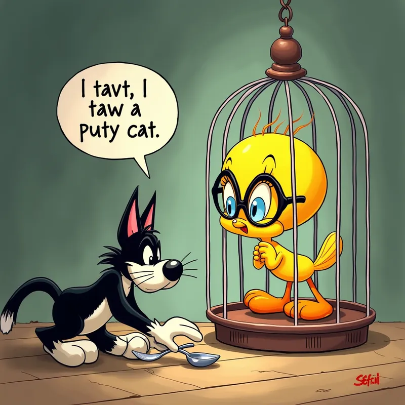 The Great Cage Caper - The scene shows Tweety bird snug in a cage, sporting cartoonishly big glasses and a cheeky, sly grin as he chirps 'I tawt I taw a puty cat,' with the words floating in the air. Down below, Sylvester the cat slinks towards the cage, belly to the ground and clutching a fork and spoon in anticipation, looking both hungry and deviously focused on catching Tweety. - AI image generated with Text