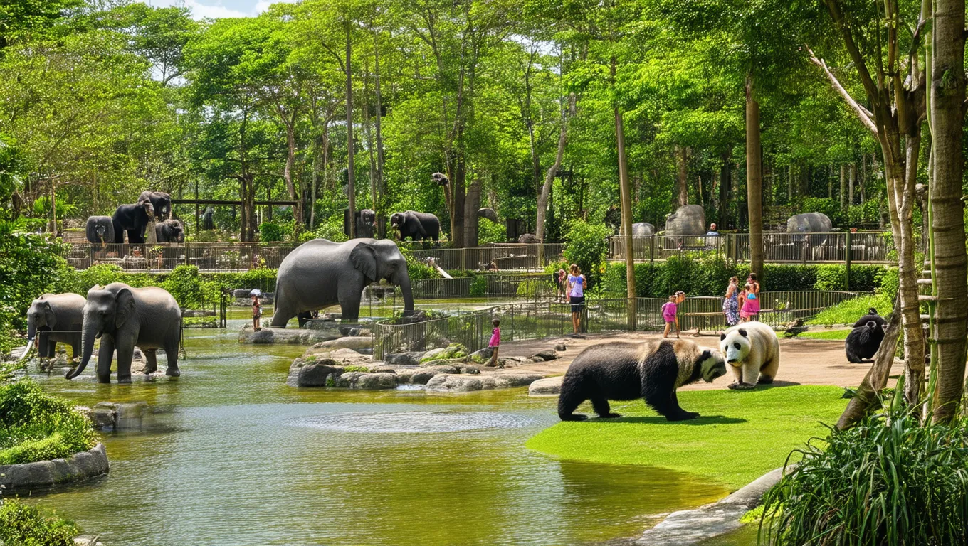 The Great Zoo - A vibrant and sprawling zoo showcasing a diverse range of animals from all corners of the world. Picture lush green enclosures for tigers, elephants, and gorillas; serene aquatic habitats for dolphins and sea lions; aviaries filled with colorful birds; and playful zones for pandas and koalas. The scene is full of life, with families and children marveling at the variety of wildlife, set against a backdrop of nature and well-maintained facilities.