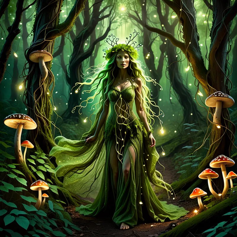 The Green Guide - A mystical forest goddess spirit leading the way through an ancient woodland filled with glowing mushrooms, hanging vines, and sparkling fireflies. She is stunningly beautiful, dressed in layered green fabrics and natural textures, with an aura of calm guidance and creativity. The composition feels cinematic and painterly. - AI image generated with Fictional