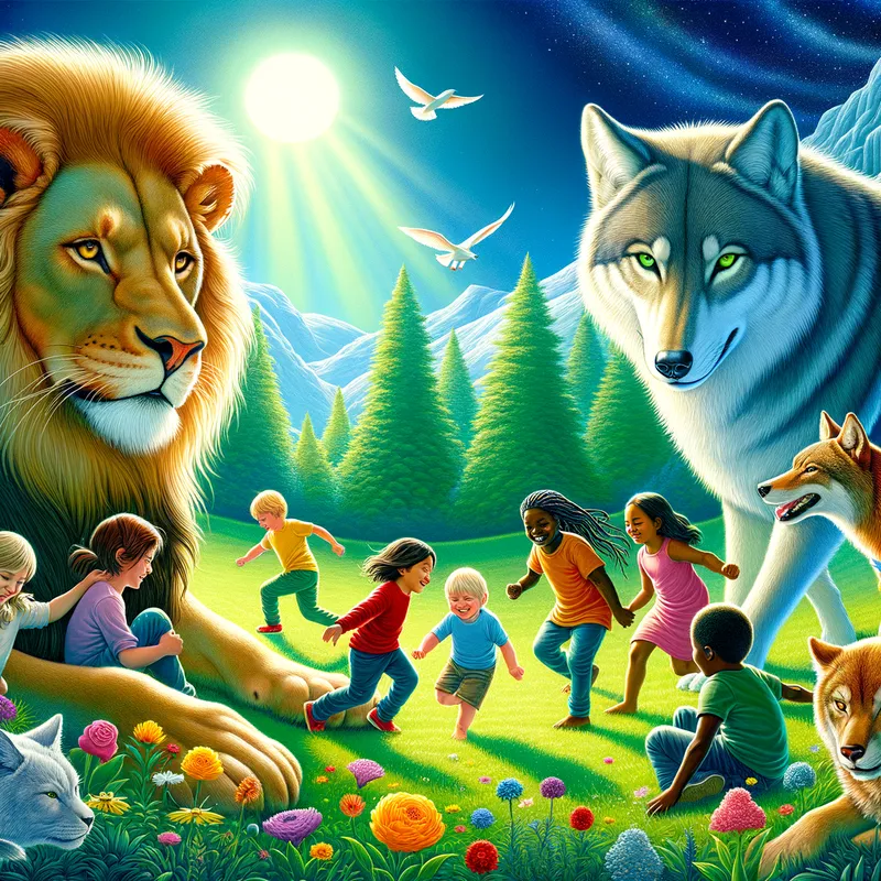 The Guardian Animals - A vivid illustration featuring a majestic lion, a stealthy wolf, and a wise cat gathered around a group of children. The children are depicted playing joyfully in a lush green meadow, under a bright blue sky. The animals are portrayed as protectors, watching over the children with calm and gentle expressions. The scene is both magical and serene, symbolizing the harmony between nature and the innocence of childhood. - AI image generated with Art