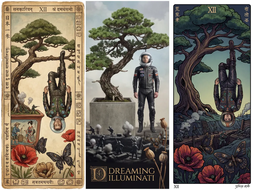 The Hanged Man: Surreal Tarot Vision - A TAROT CARD NUMBER 12 number 12 is written in japanese ancient sanskrit and ancient hindu also in aztec. there is a huge living tree with a branch extending horizontally where a man looking like rip van winkle is hung from he is hanging by one foot and the other leg is crossed over. he has a modern leather motorcycle outfit with marijuana leaves and forget me not flowers embroidered on it he wears a astranaut space bubble hemet and his eyes are penetrating yet serene glossed over as if he is sleeping a ww1 trench warfare scene plays out in the shadows beneath him, an intracate group of toy soldiers and explosions of artillery puffs of smoke. a dark ages religous text is the dreaming illumenatti and large poppies and dried poppies that the seeds morph into evil mechanical butterflies. his tree also is a giant banzai sitting in a huge square pot with ceramic life size japanese fisherfolk pulling a geisha out of the pond. all these intracte elements fill the card in a surreal touchstone. i need thgree completely different versions yet containing all of these details - AI image generated with 4K Pro