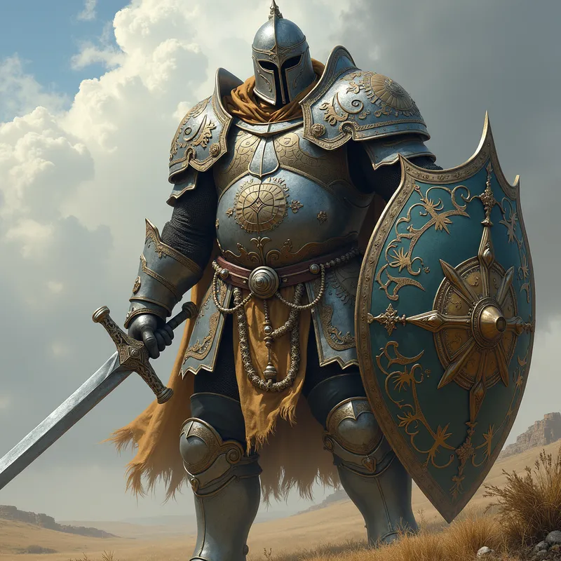 The Heavy Armored Sentinel - A giant figure in full plate armor, the surfaces covered in elaborate runes. He holds a formidable long sword and a decorated kite shield, exuding strength and an ancient power in a mythical battleground. - AI image generated with Photorealistic 2