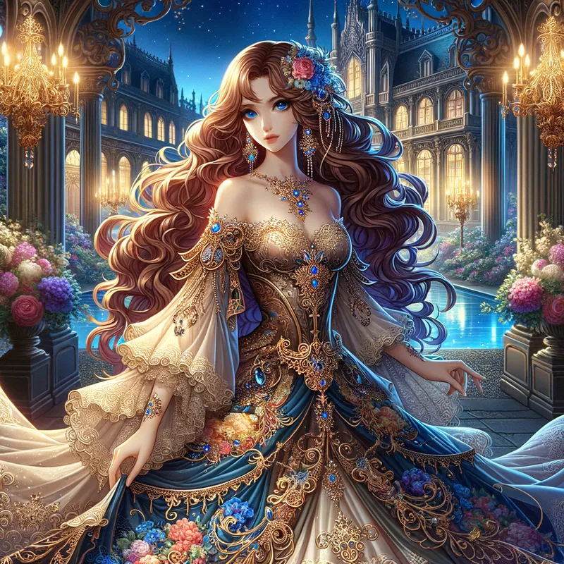 The High Lady's Elegance - Illustrate an image of Feyre Archeron in an intricate, flowing gown fitting for a High Lady, set against the backdrop of the opulent Night Court palace. - AI image generated with Art