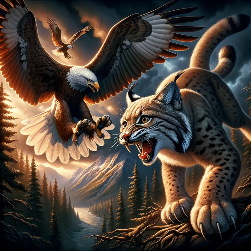 The Hunt - A powerful illustration of a bobcat ambushing an eagle as it swoops down, with dramatic lighting showcasing the action. - AI image generated with Art