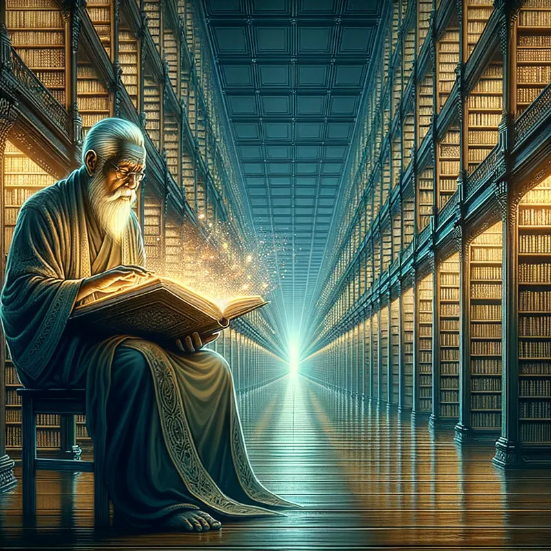 The Keeper of Secrets - Illustrate a 250-year-old man in a vast library, with shelves stretching into infinity. He reads a tome that glows with ethereal light, the keeper of knowledge spanning centuries. - AI image generated with Art