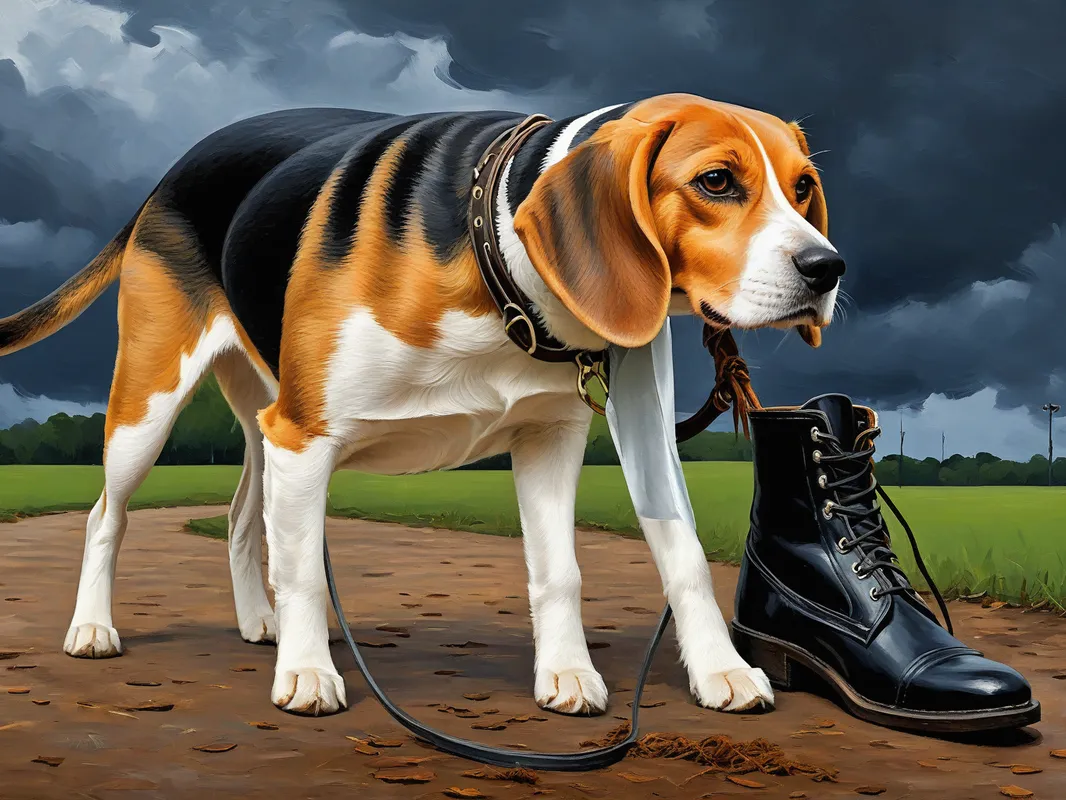 The Lace Looter - Paint an oil portrait of a beagle, appearing as the 'Lace Looter,' hauling a sizable leather boot by the laces, all while set against the moody ambiance of the park under the threat of dark, horizon-bound clouds. - AI image generated with Photorealistic - Amedeo Modigliani, high resolution digital art style, oil painting with palette knife