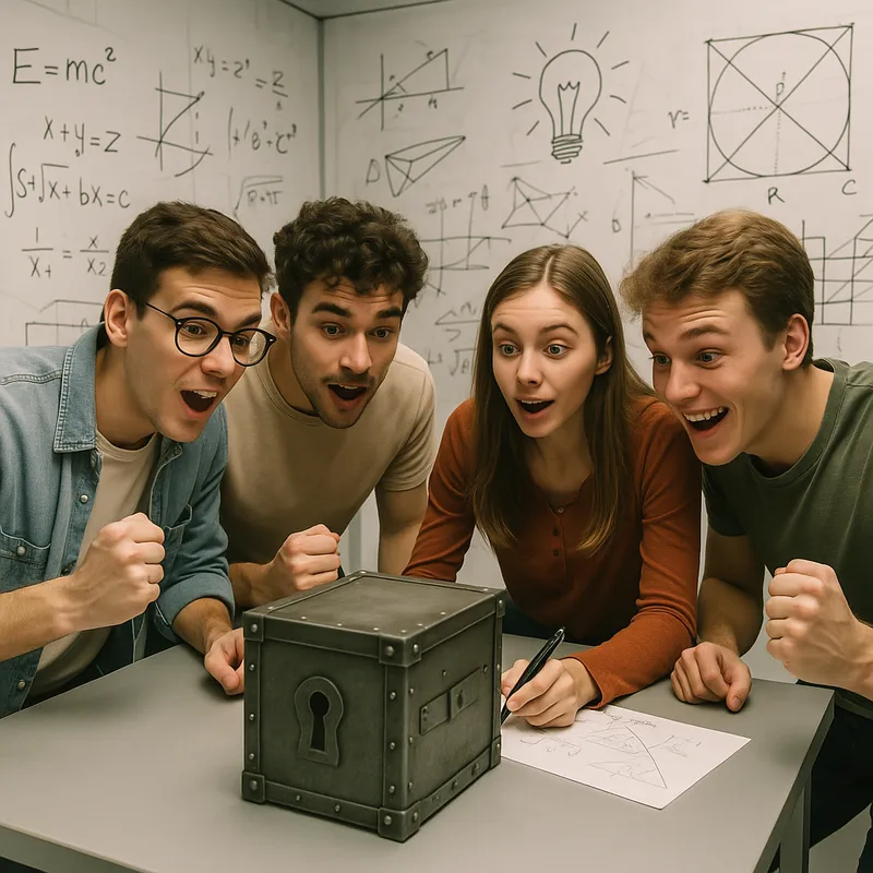 The Last Clue - Three college-age guys and a girl in a modern escape room with whiteboard walls covered in writing, mathematical equations, and sketches. They look excited and nervous as they gather around a central puzzle box. - AI image generated with GPT Image - sketching