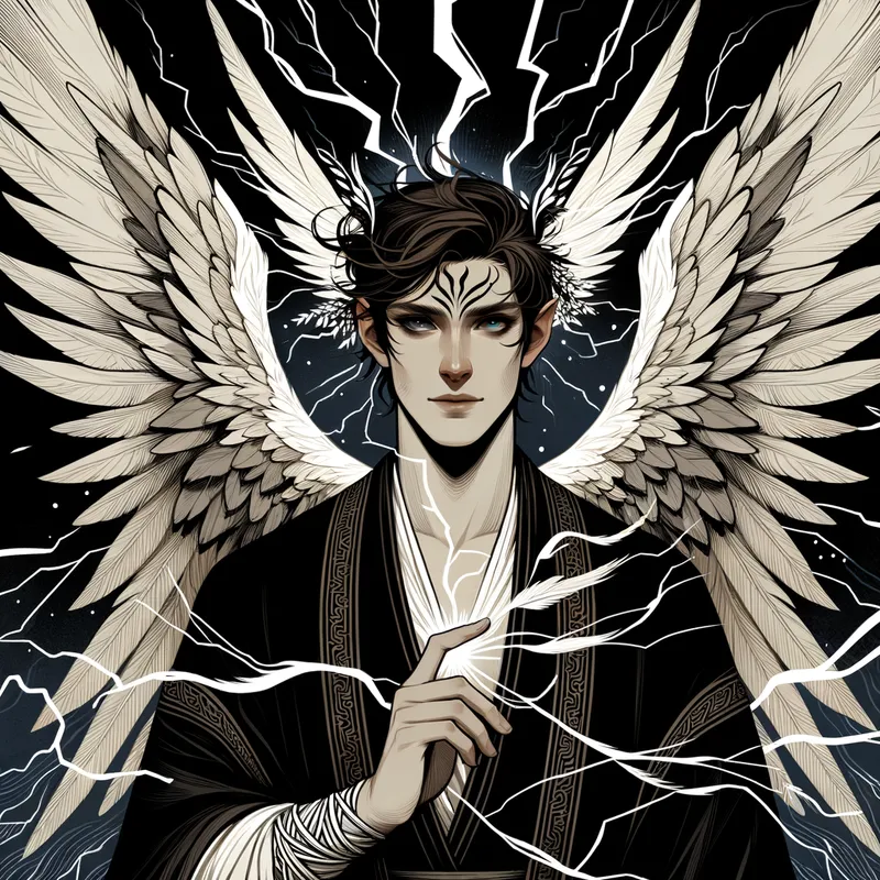 The Lightning Deity - Male lightening god with white feathered wings, brown hair, and dressed in black. - AI image generated with Art - fantasy art, high resolution digital art style