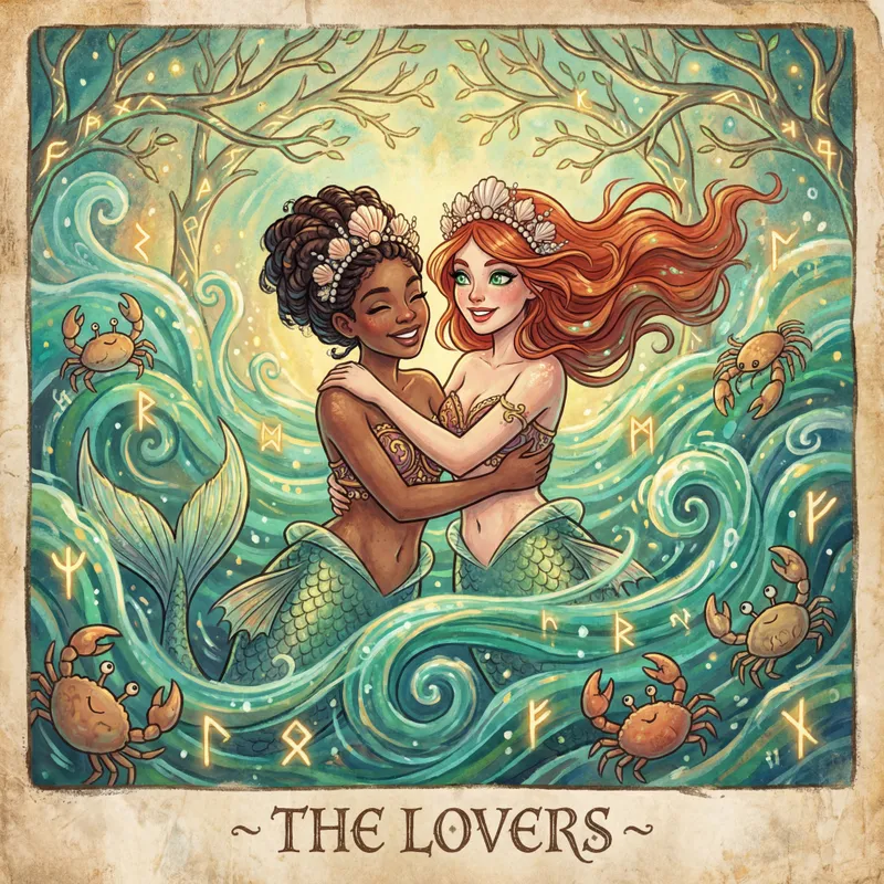 The Lovers: Mermaid Goddesses - A tarot card titled "The Lovers," featuring two stunning mermaids with the bottom half of fish and the top half as stately goddesses representing abundance and fertility. They are joyful, nearly in tears of happiness, gently embracing—one is a dark-skinned beauty, the other a redhead with captivating eyes. Set in a bright, emerald green and blue sea full of swirling foam, lively crabs, and mystical Norse elements such as runes floating in the air, hints of Yggdrasil branches arching above, and glowing magical symbols. The style is realistic yet reminiscent of an ancient fresco, with a touch of cartoonish charm. The overall atmosphere is lively, abundant, and magical. - AI image generated with 4K Pro
