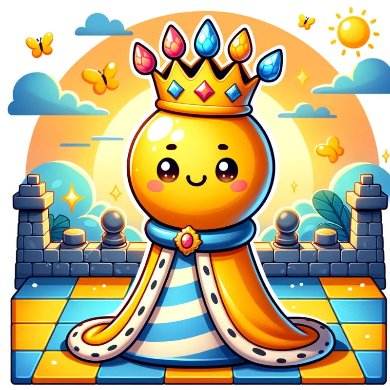 The Majestic Monarch - Subject: King Chess Piece (Solo Focus)
Style: Cartoony and adorable, three-quarter view
Color Palette:
Chessboard squares: Sunshine yellow and sky blue (king on a blue square)
King's robe: Sunshine yellow (adjust if king needs the contrasting color)
Robe pattern: Stripes or crowns
Details:
Slightly taller and stouter chess piece, with a wide base for stability and a friendly face.
Playful crown made of mismatched, brightly colored jewels.
Wear a flowing robe draped over the base.
Option 1 (Simple): The robe can simply flow down and pool slightly around the base, adding a touch of elegance.
Option 2 (Detailed): You can add a simple sash or belt around the middle of the robe to further define the king's attire.
Scene:
Giant chessboard bathed in the warm glow of a rising sun.
The king chess piece is the sole focus of the image, positioned in the center of the composition.
Additional Notes:
Bold outlines and flat colors for a cohesive, cartoony style.
Consider tilting the king slightly to one side for a more dynamic pose.
You can include fluffy clouds and butterflies around the base (sunrise colors) for a touch of whimsy.
Friendly animals (lion cubs or puppies) playfully nudging the base are optional. - AI image generated with Art - profile view, cartoony