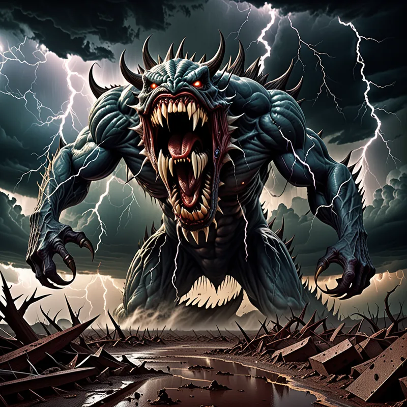 The Maw of Dread - A colossal evil monster with an enormous gaping mouth full of razor sharp teeth, looming over a desolate wasteland, storm clouds overhead, lightning illuminating its twisted form, horror fantasy art, highly detailed and menacing - AI image generated with Fictional