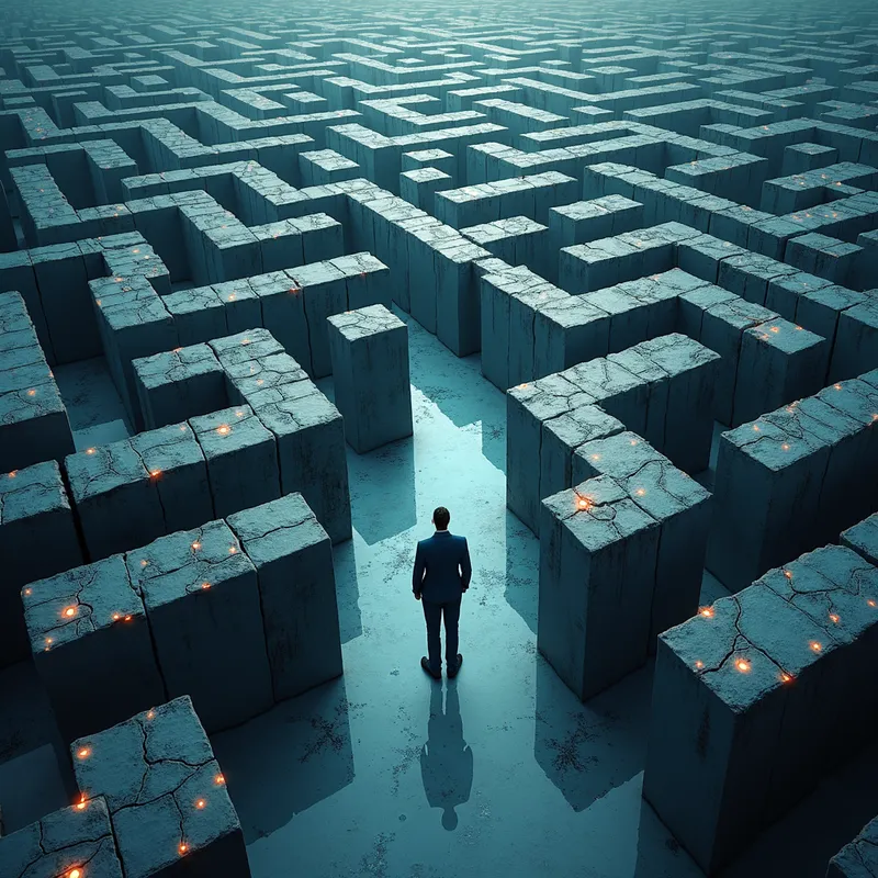 The Maze Within - A person standing alone in a vast, intricate maze that represents the mind. The pathways are made up of social media icons and disconnected words, suggesting confusion and inner turmoil. - AI image generated with Text