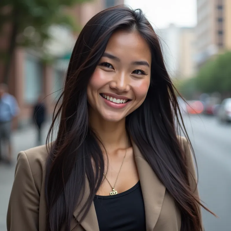 The Modern Filipina - A Filipino woman with knee-length straight hair, thin eyebrows, and a cute teeth gap is depicted in modern attire. She is in an urban setting, blending traditional beauty with contemporary fashion. - AI image generated with Photorealistic 2