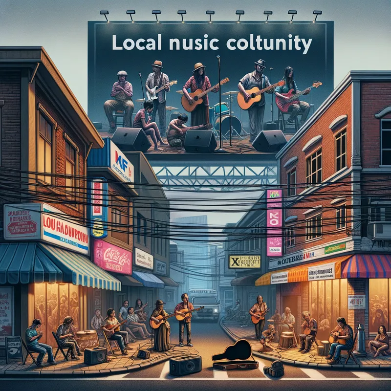 The Musical Streets of X City - A lively street scene in X City featuring buskers, small music venues, and local artists performing. Highlight the community's vibrant local music culture and the contrast with the looming presence of Friday9's advertisement banners. - AI image generated with Art
