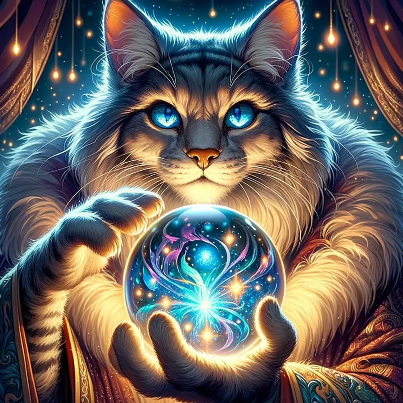 The Mystic Feline's Divination - Illustrate a fantasy scene where a wise, blue-eyed cat with luxurious fur is gazing into a crystal ball, predicting an impending arcane event. The crystal ball shimmers with a mystical light, while the glowing orb in the cat's hand pulses with magical power. The visual style should be an amalgamation of furry art and the majestic essence of Magic the Gathering, inspired by Aleksi Briclot's evocative concept art. - AI image generated with Art - HD