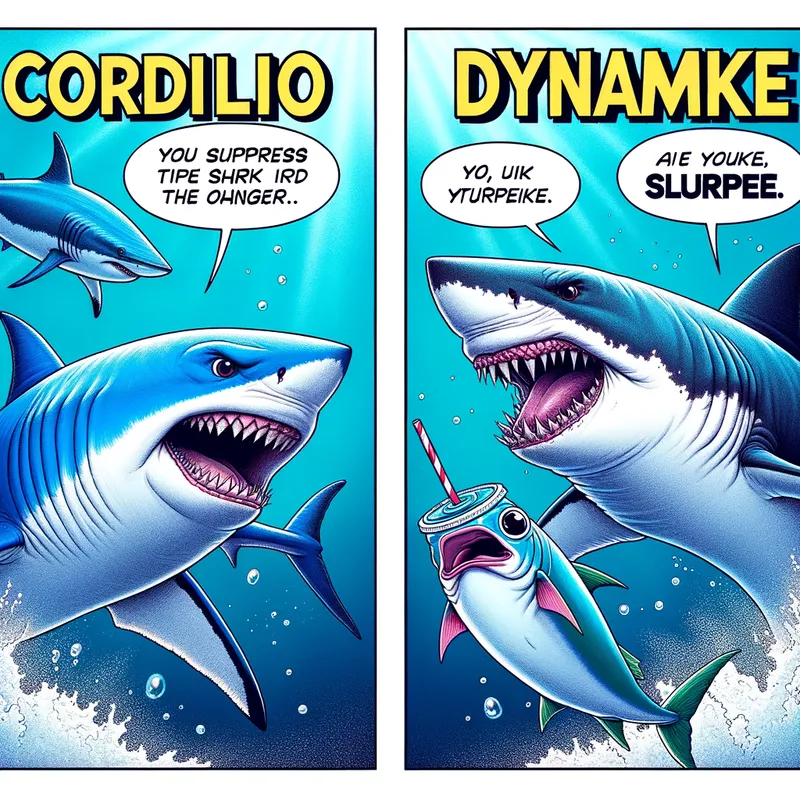 The Oceanic Reign of Cordilio the Blue Shark and Dynamike Shark - A comic strip showcasing the apex predators Cordilio the blue shark and Dynamike Shark, the great white shark, competing for dominance and preying on the hapless Slurpee the yellowfin tuna. - AI image generated with Art