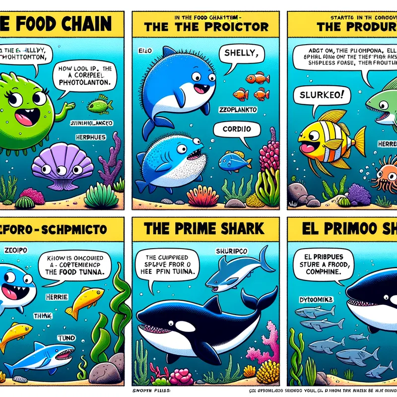 The Ocean's Food Chain Adventure - Create a comic strip of the food chain. The producer is shelly a phytoplankton. Then, its zooies which is zooplankton. Then, its herrico which is a herring. Then, its slurpee which is a yellowfin tuna. After that, it is a blue shark named Cordilio. Then a great white shark named Dynamike Shark. Finally, it is a killer whale named El Primo. This is the food chain from the bottom to the top. Create the comic strip incorporating the chosen animal characters. Ensure the functions of each level of the food chain are clearly illustrated. Include dialogues or captions that showcase the interactions and dependencies in the food chain.  - AI image generated with Art